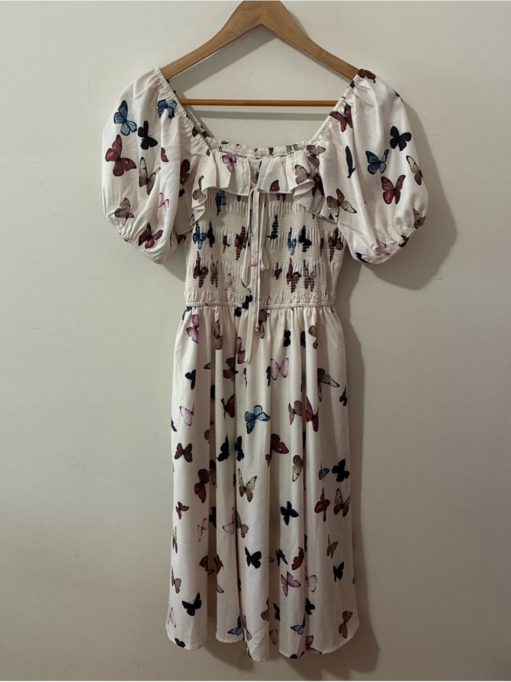 Ivy City Co Mariposa Butterfly Colorful White Smocked Tiered Ruffle Midi, XS
